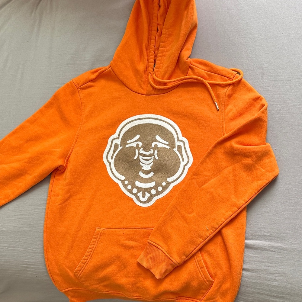 True Religion Orange Hoodie with Buddha Graphic